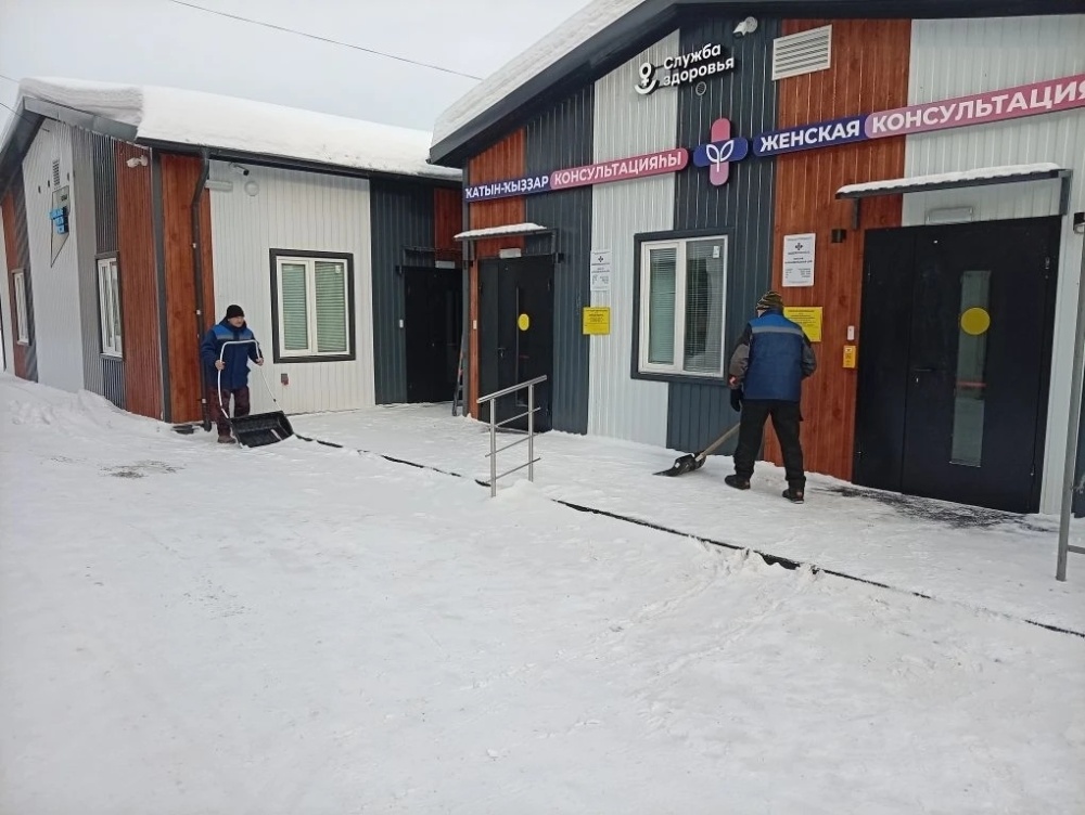 Сотрудники Караидельской ЦРБ проводят работы по очистке снега на территории больницы